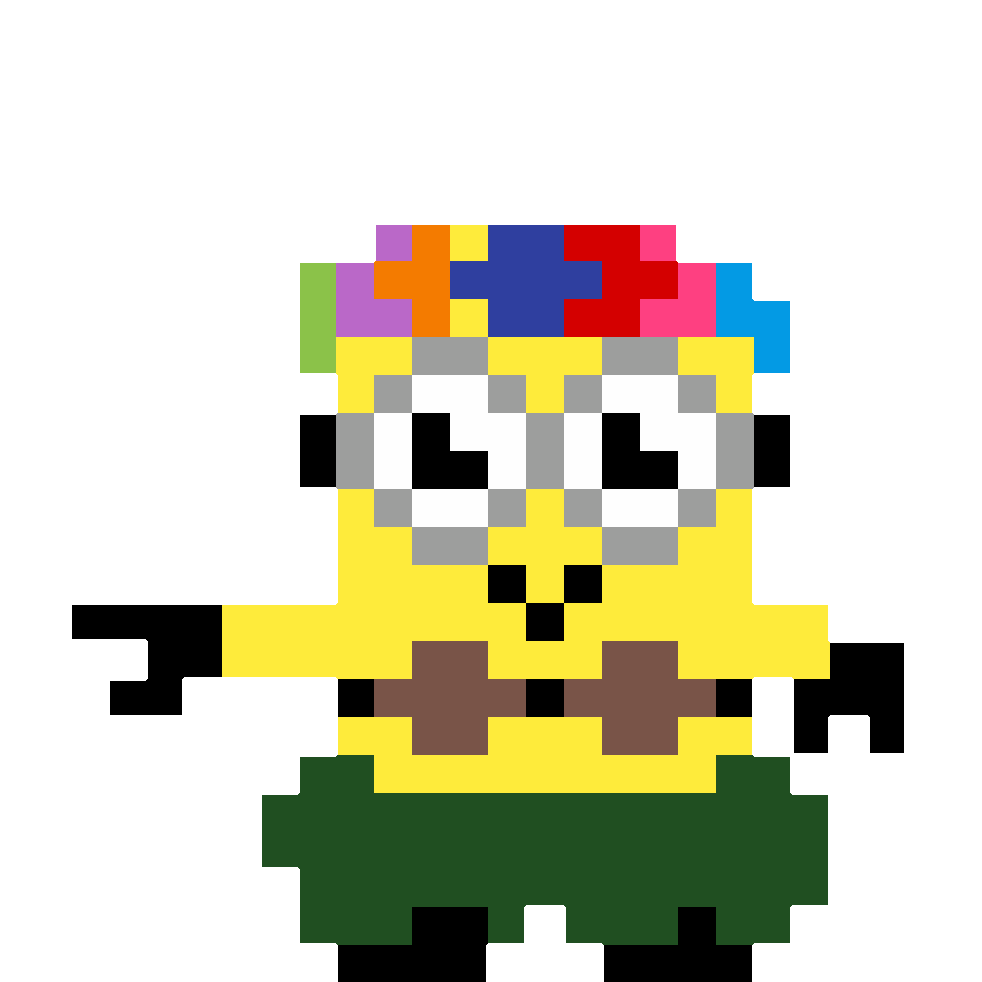 Pixelated animation of a dancing minion with a flower crown